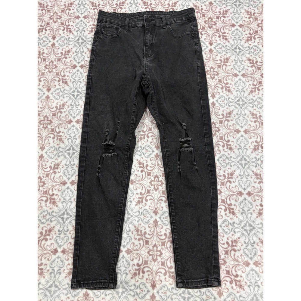 Manfinity Mens Distressed Slim Tapered Jeans Black Ripped Denim Size 30